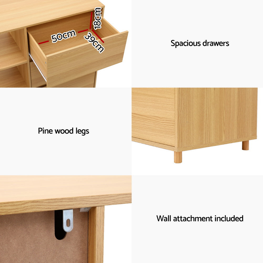 Artiss Chest of 3 Drawers with Storage Cabinet - Pine