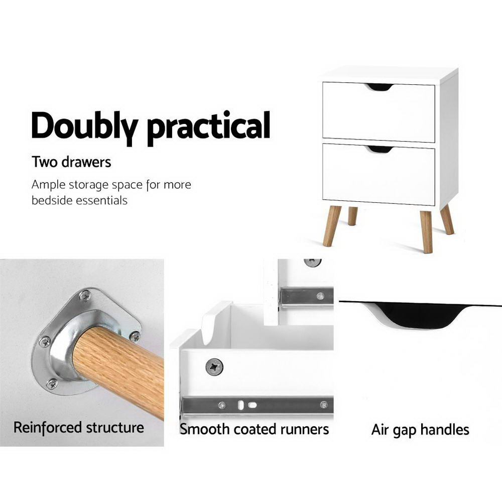 Artiss Boden Bedside Table with 2 Drawers - White