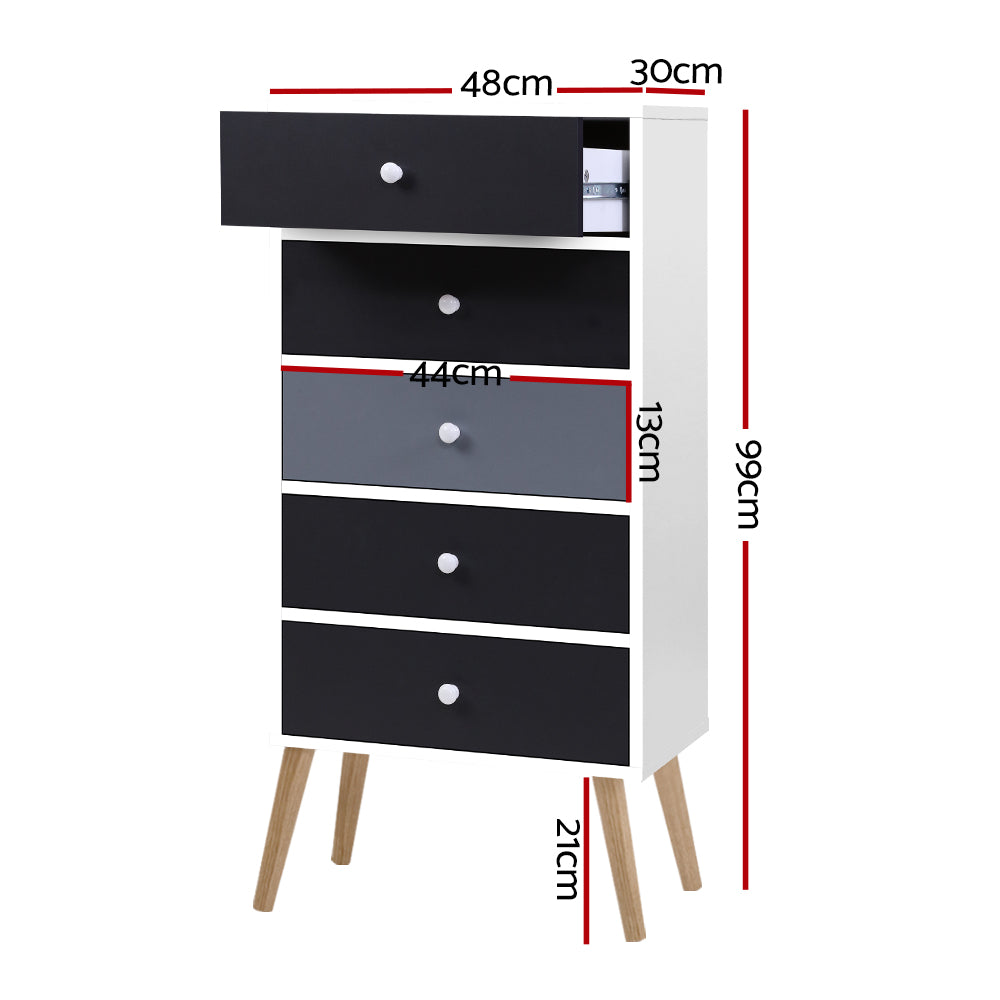 Artiss Bonds Chest of 5 Drawers - White, Black & Grey