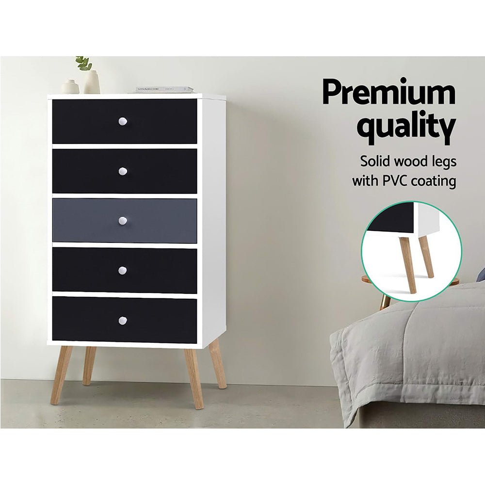 Artiss Bonds Chest of 5 Drawers - White, Black & Grey