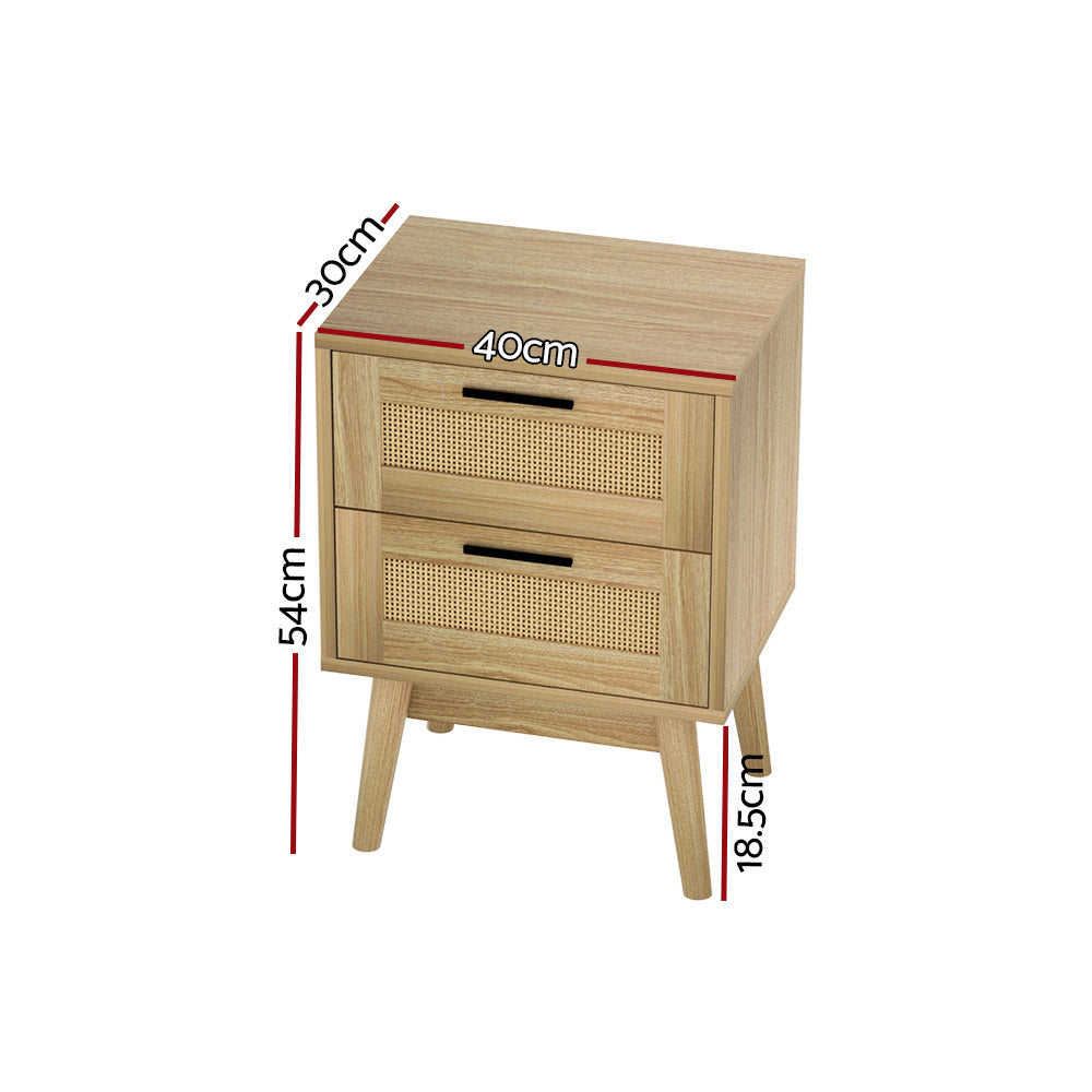 Artiss Rie Oak Bedside Table with 2 Drawers - Rattan