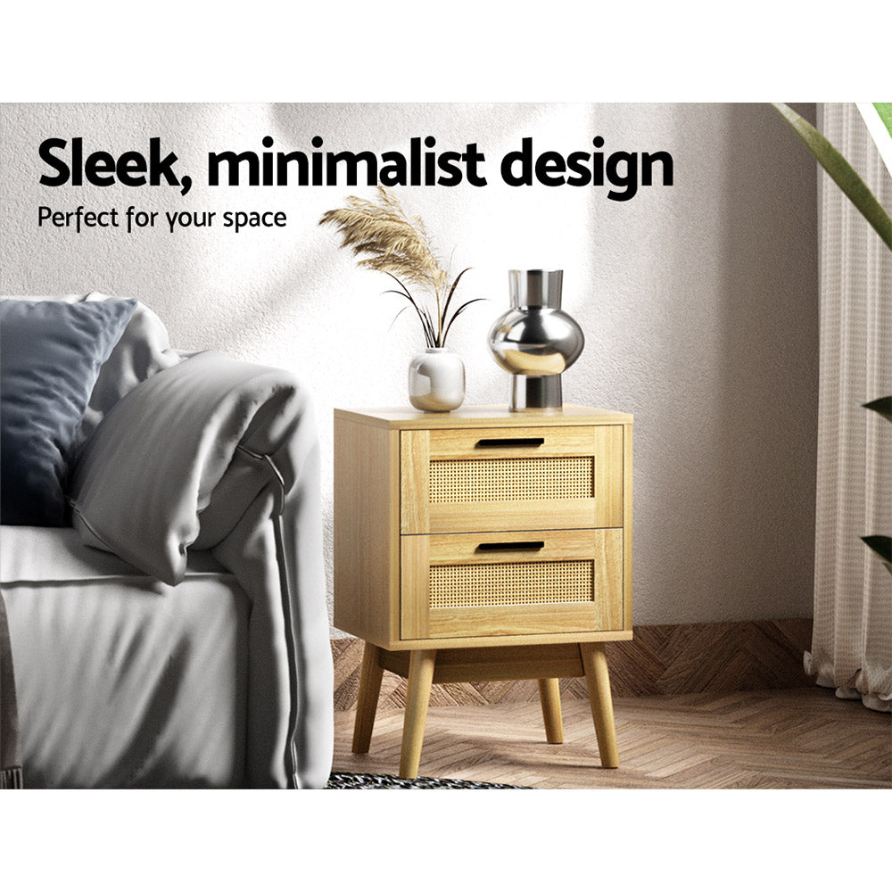 Artiss Rie Oak Bedside Table with 2 Drawers - Rattan