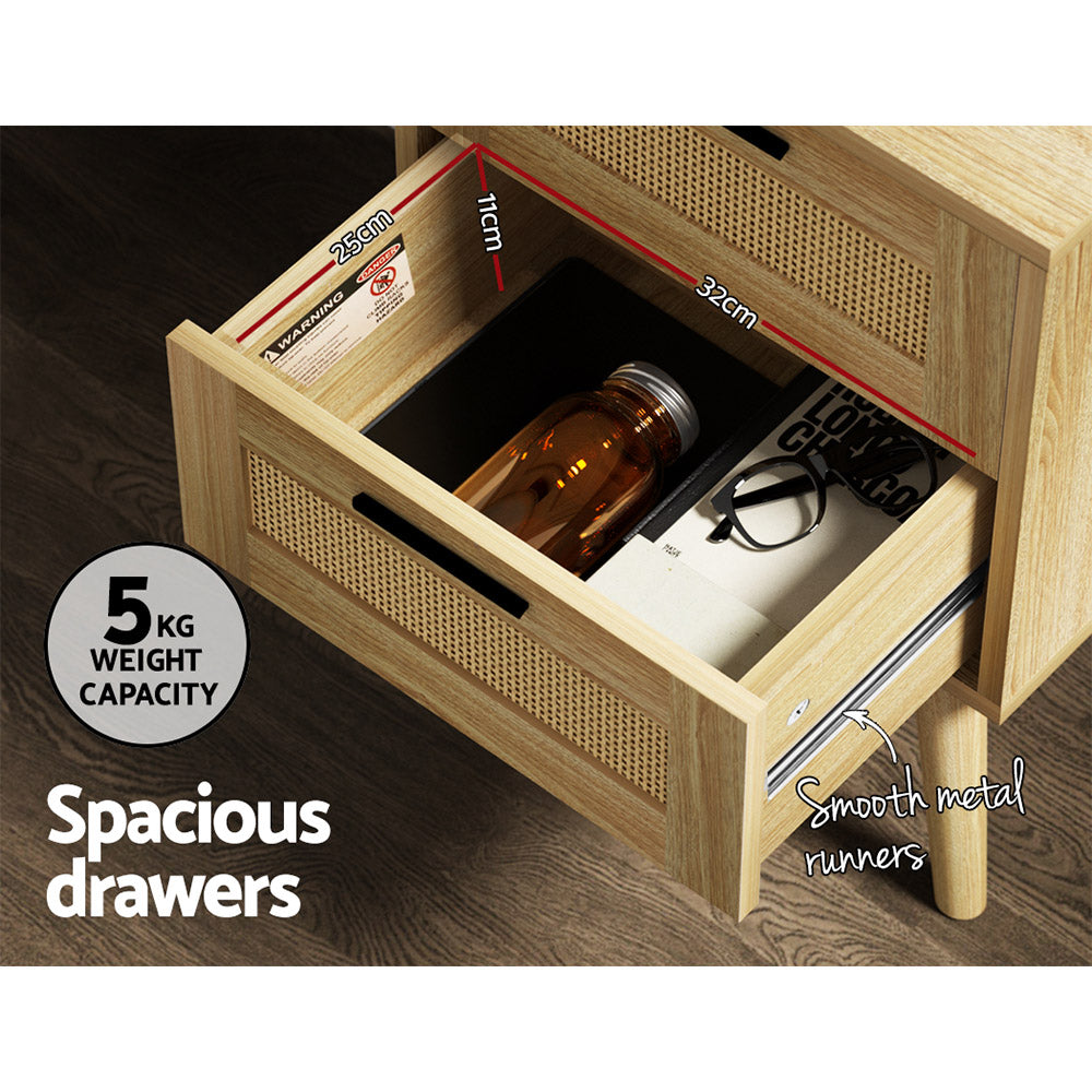 Artiss Rie Oak Bedside Table with 2 Drawers - Rattan