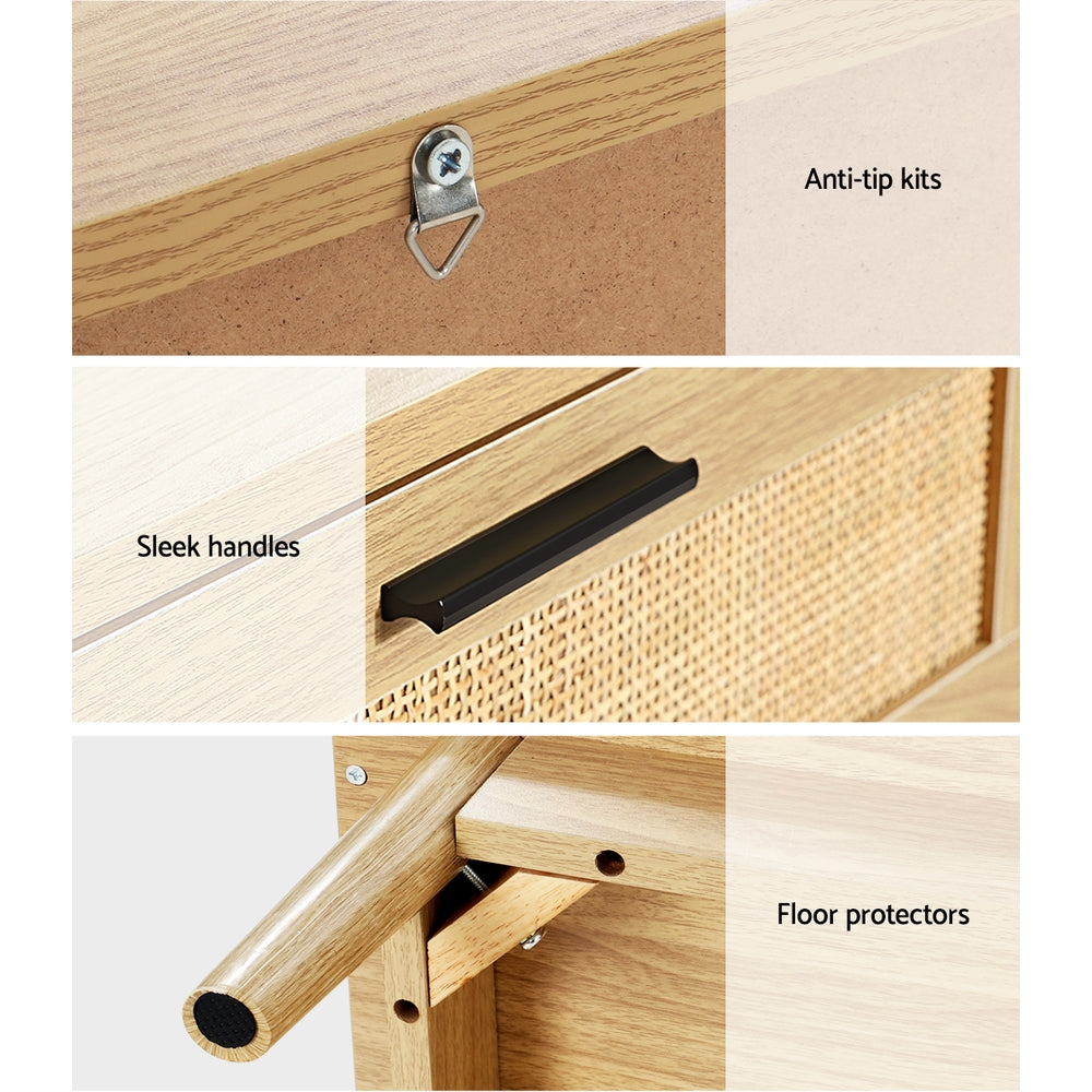 Artiss Rie Oak Bedside Table with 2 Drawers - Rattan