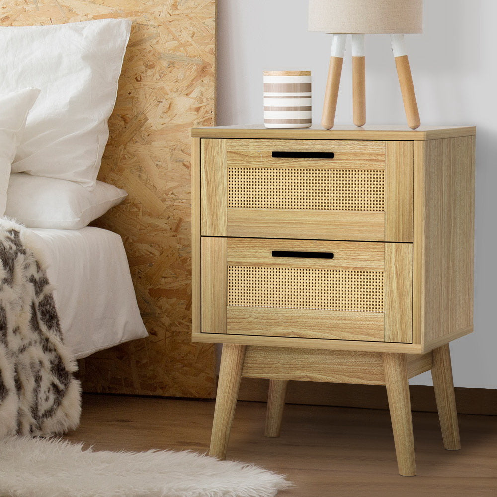 Artiss Rie Oak Bedside Table with 2 Drawers - Rattan