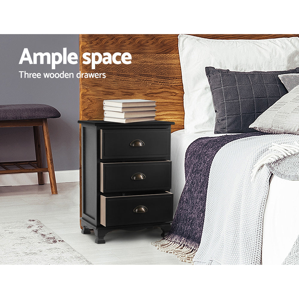 Artiss Thyme Bedside Table 3 Drawer - Black