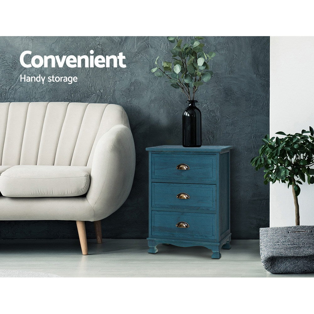 Artiss Thyme Bedside Table 3 Drawer - Blue
