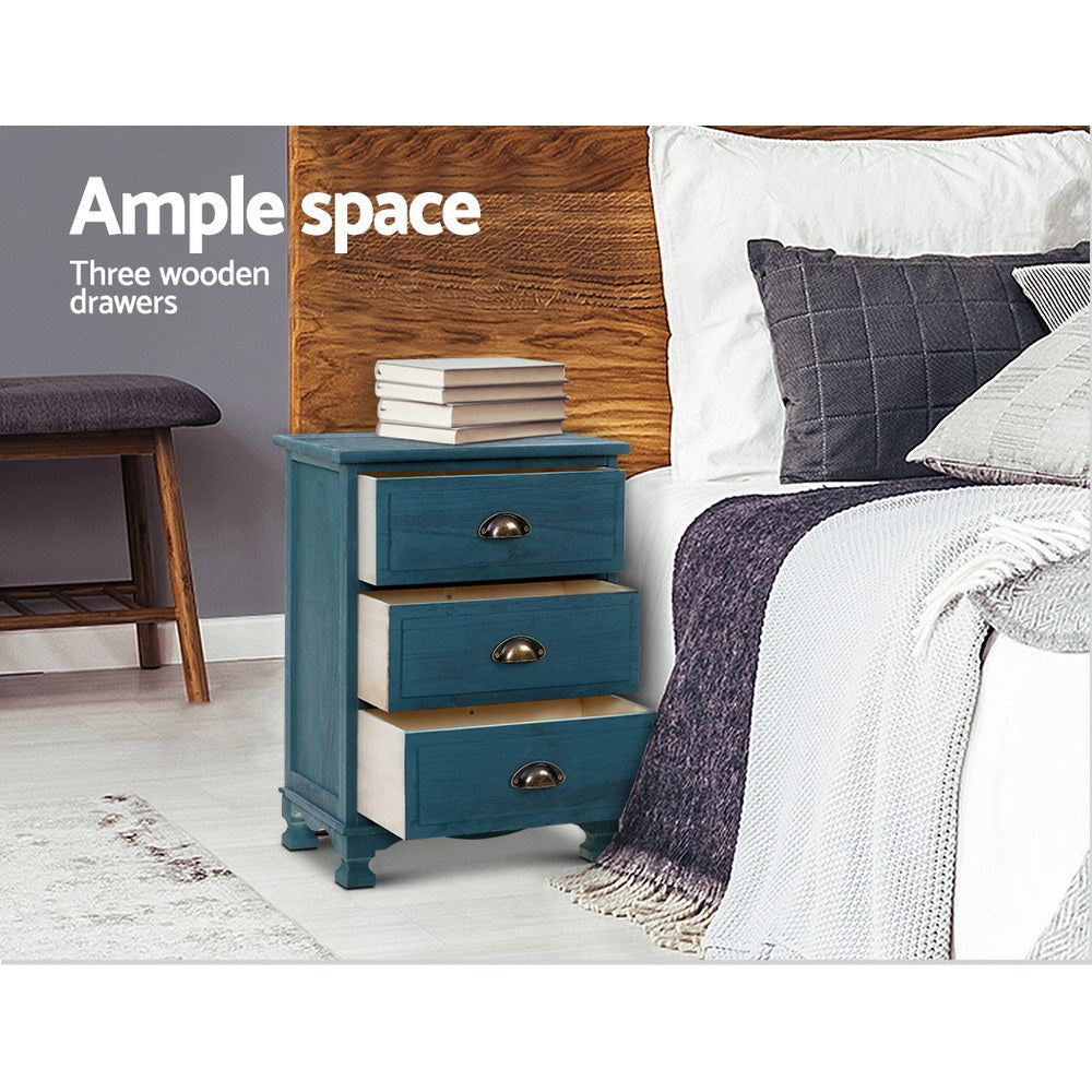 Artiss Thyme Bedside Table 3 Drawer - Blue