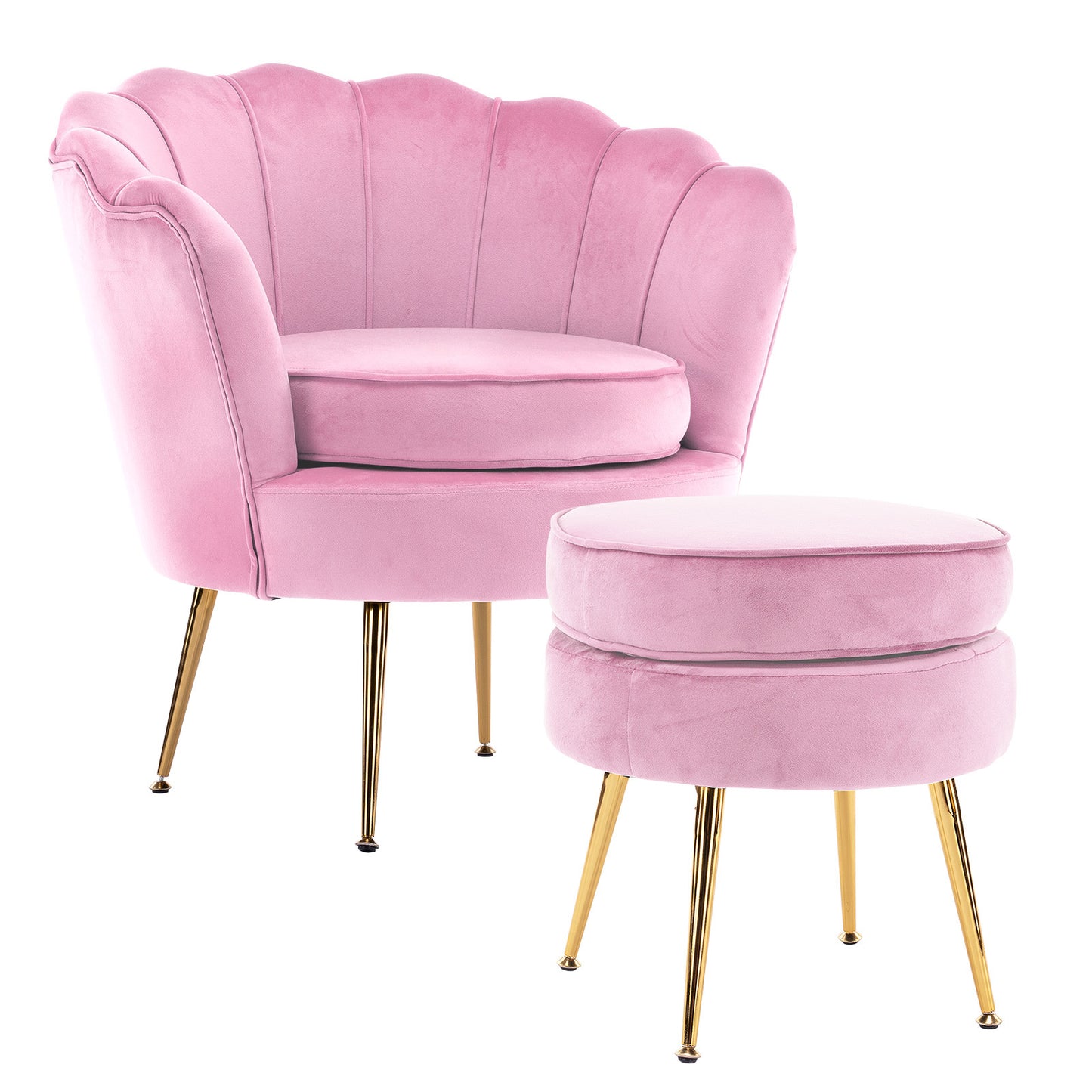 La Bella Velvet Shell Armchair and Round Ottoman - Pink