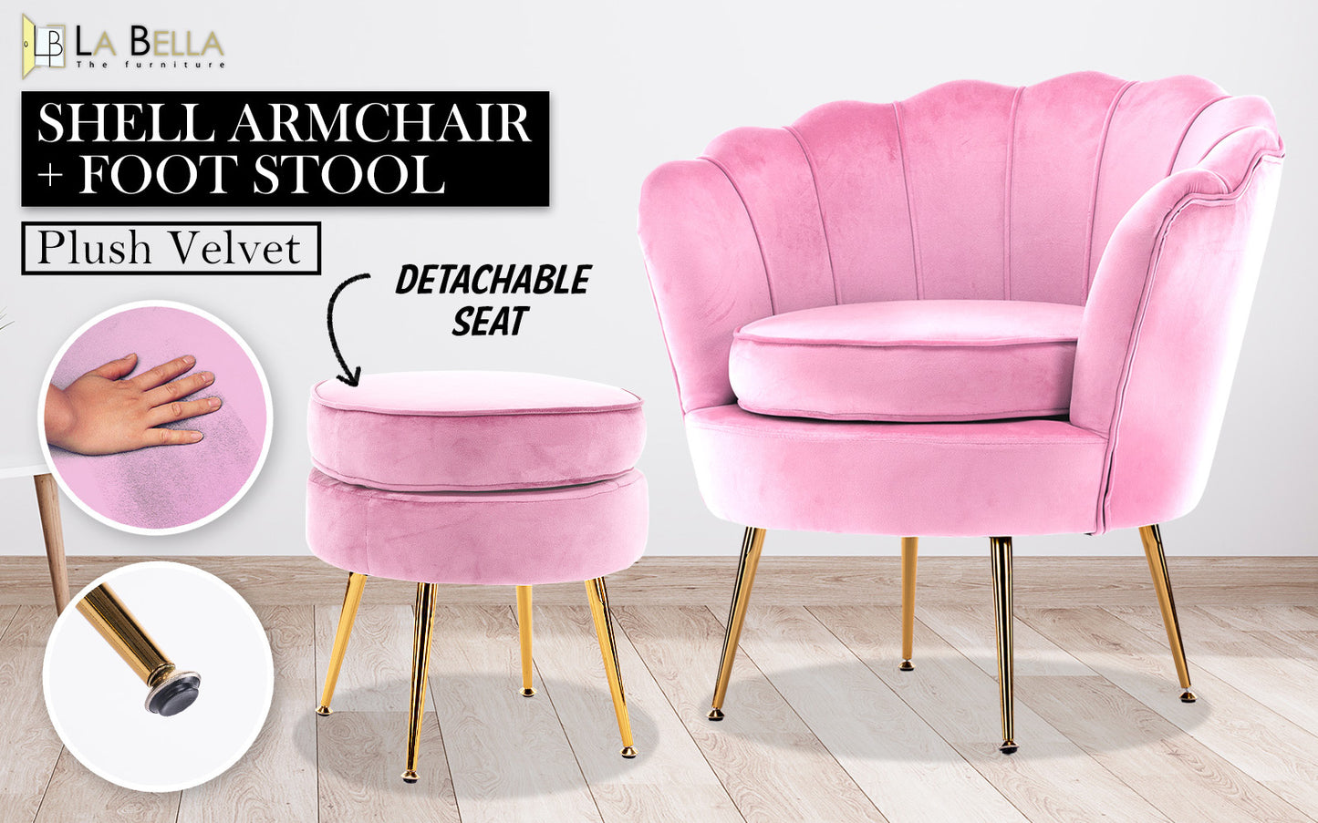 La Bella Velvet Shell Armchair and Round Ottoman - Pink