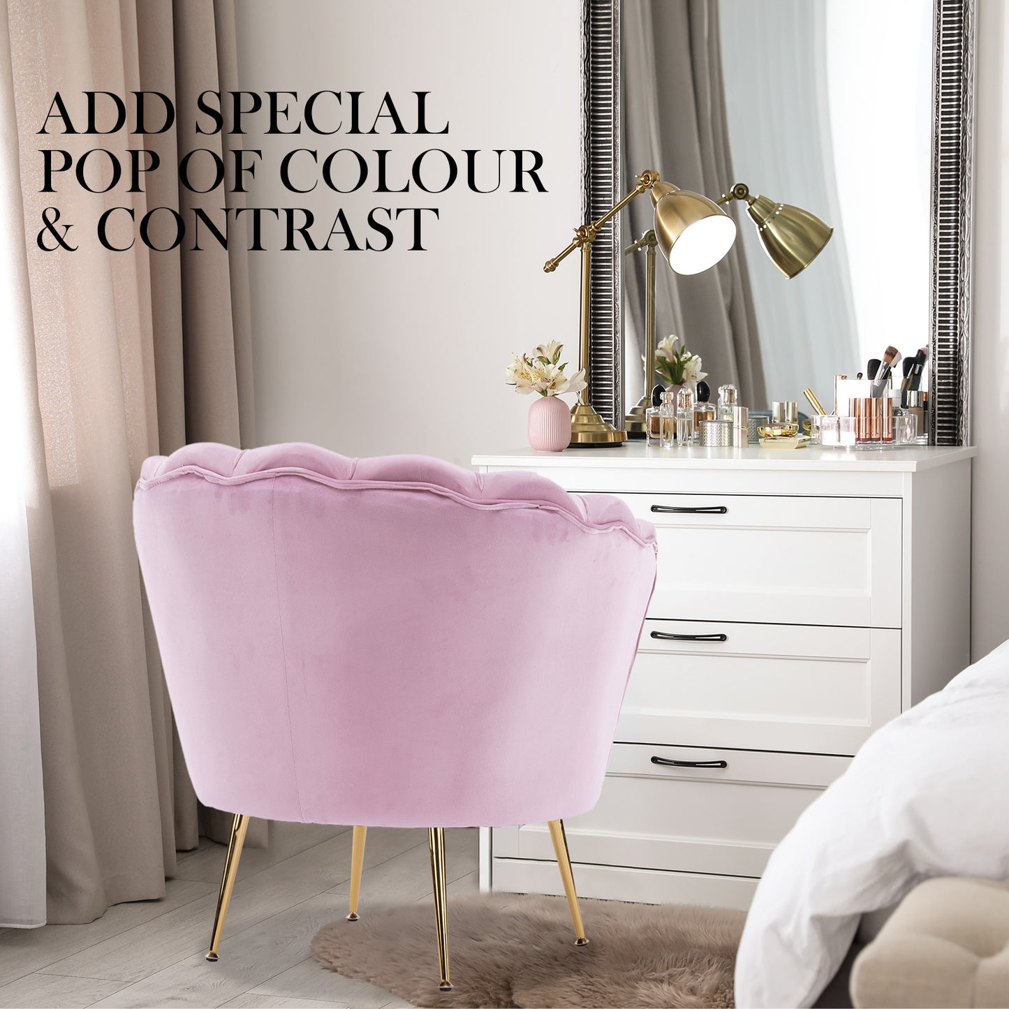 La Bella Velvet Shell Armchair and Round Ottoman - Pink