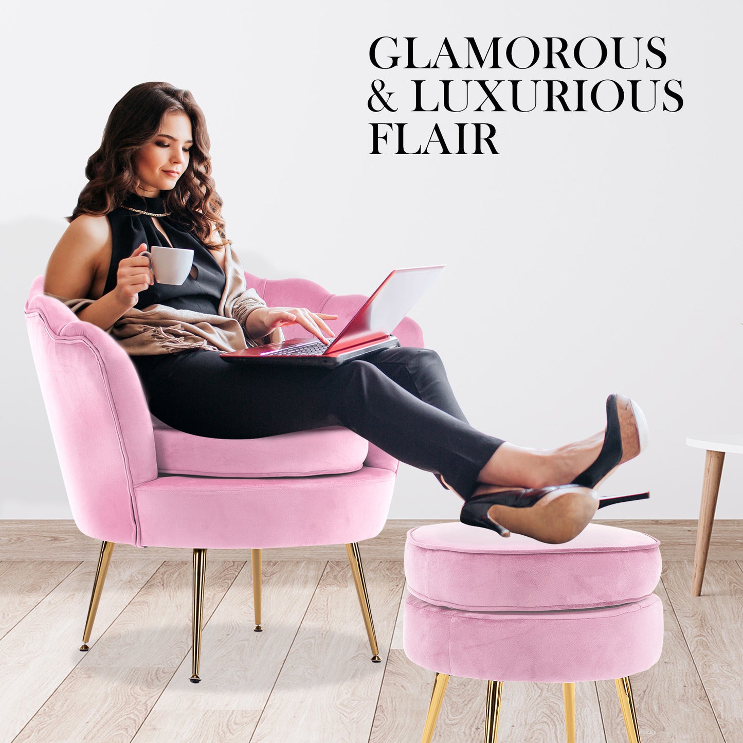 La Bella Velvet Shell Armchair and Round Ottoman - Pink