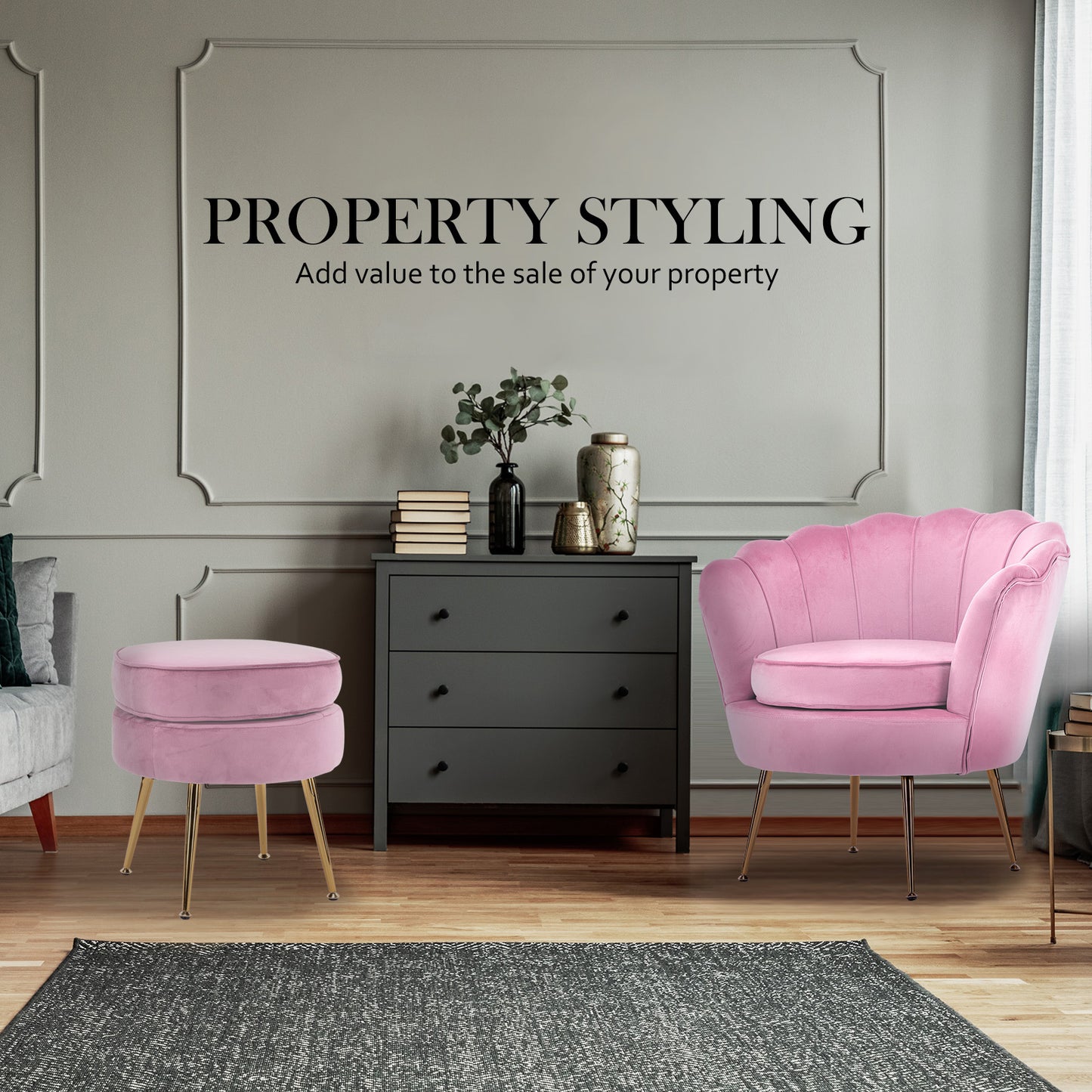 La Bella Velvet Shell Armchair and Round Ottoman - Pink