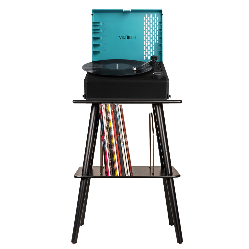 Victrola Revolution Go Turntable - Blue + Entertainment Stand - Black - Bundle