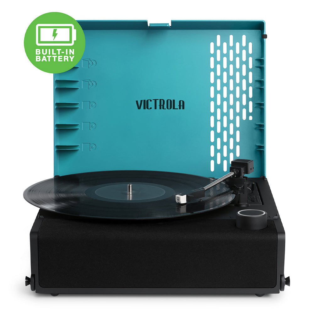 Victrola Revolution Go Turntable - Blue + Entertainment Stand - Black - Bundle