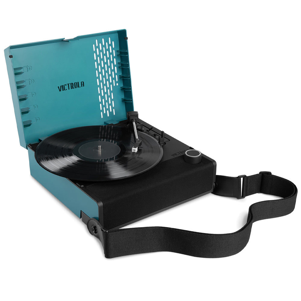 Victrola Revolution Go Turntable - Blue + Entertainment Stand - Black - Bundle