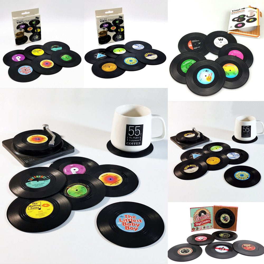 Vinyl Record Coasters x 6 - w Record Player Holder