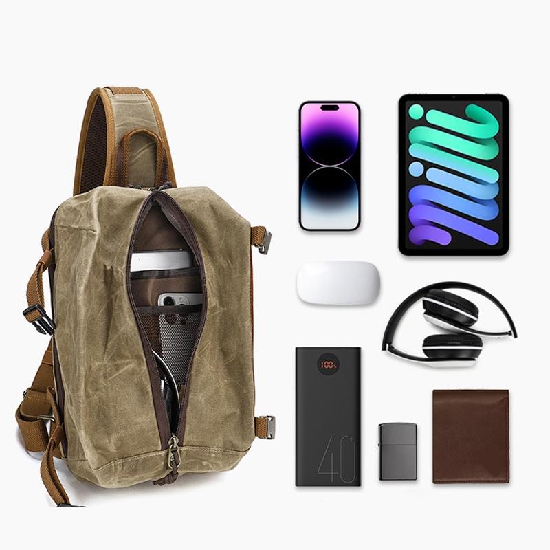 Retro Waxed Canva Crossbody Bag For Men - Khaki