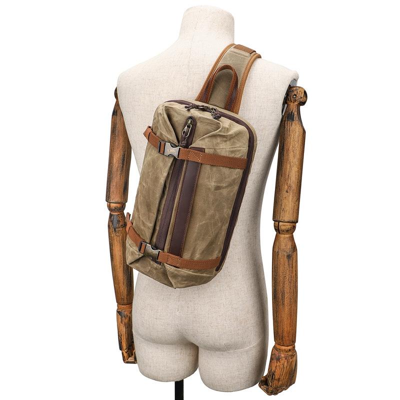 Retro Waxed Canva Crossbody Bag For Men - Khaki