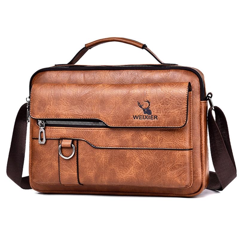 Men's Retro Leather Shoulder Laptop Business Bag - Dark Brown