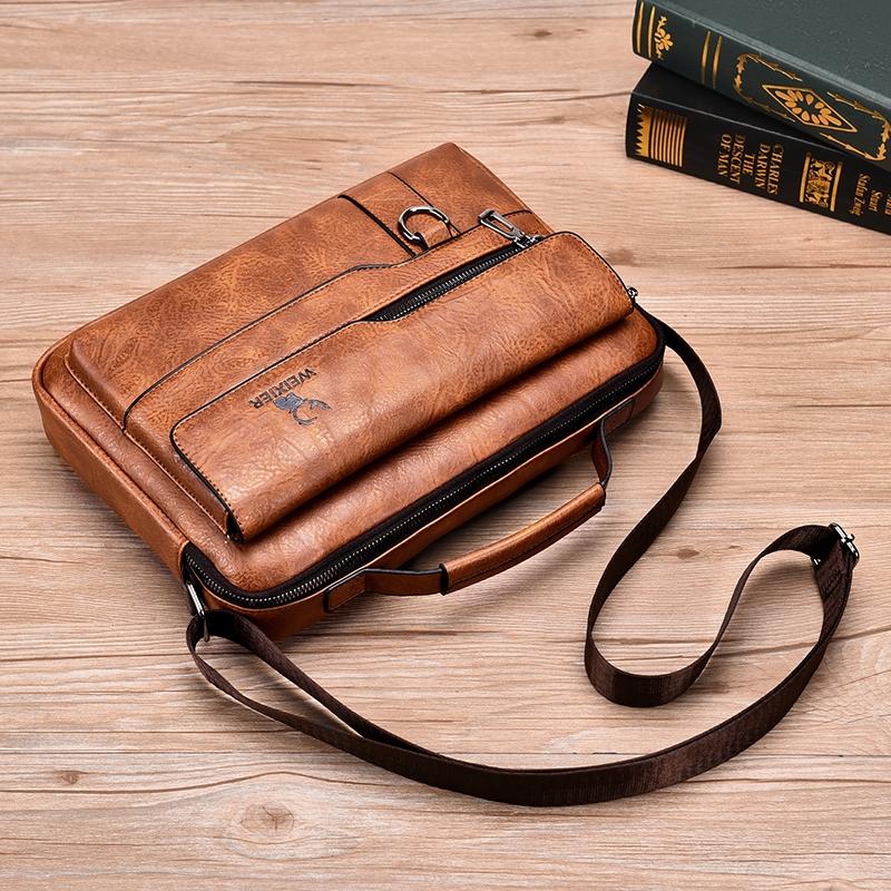 Men's Retro Leather Shoulder Laptop Business Bag - Dark Brown
