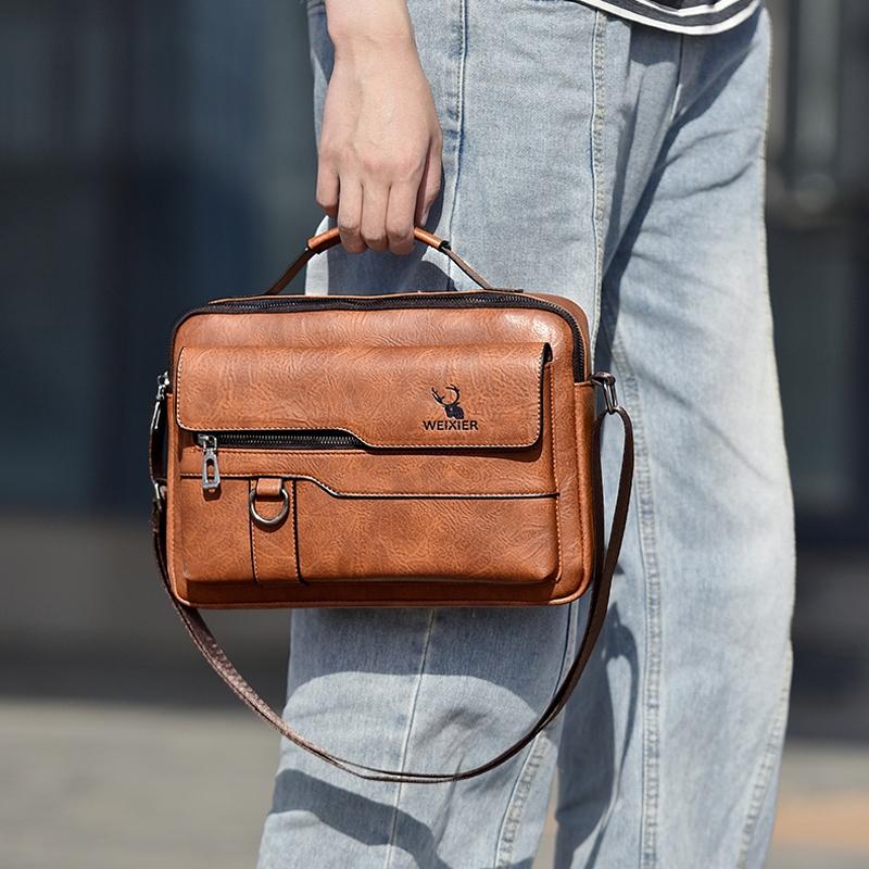 Men's Retro Leather Shoulder Laptop Business Bag - Dark Brown