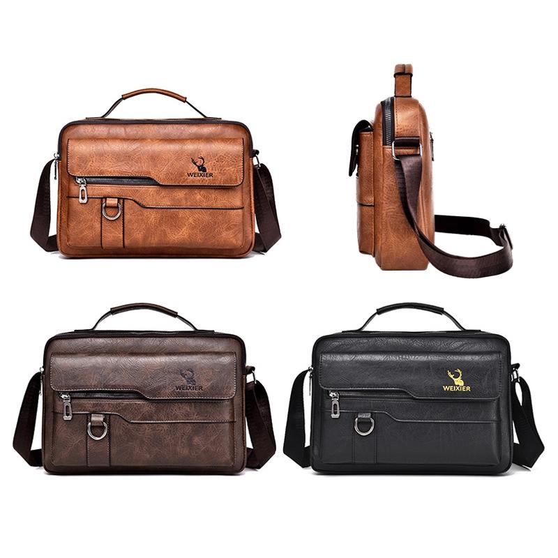 Men's Retro Leather Shoulder Laptop Business Bag - Dark Brown