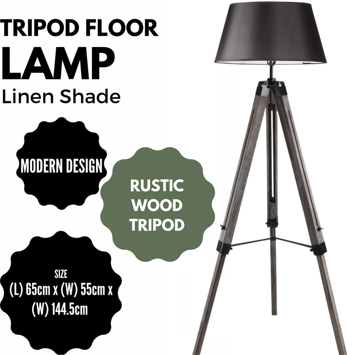 Large Tripod Floor Lamp - Black Linen