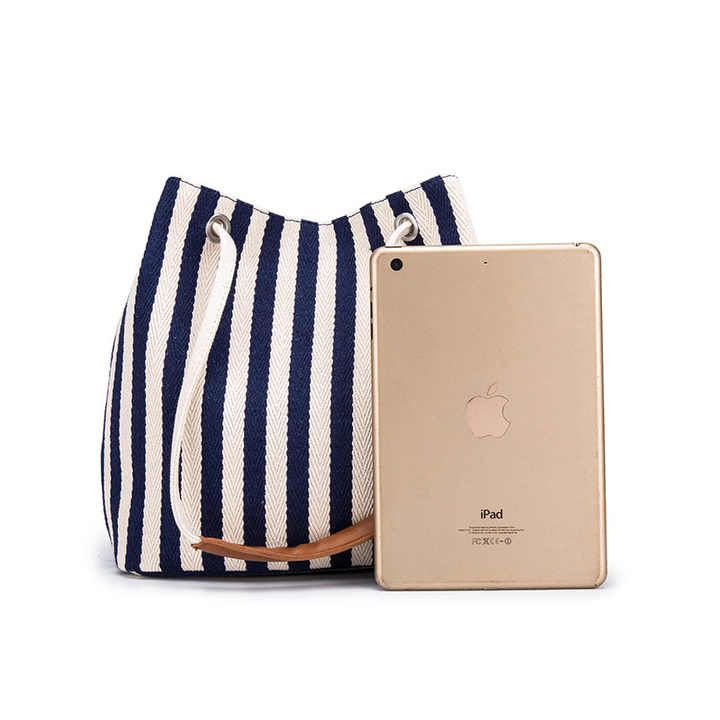 Canvas Bucket Tote Bag - Blue Stripes