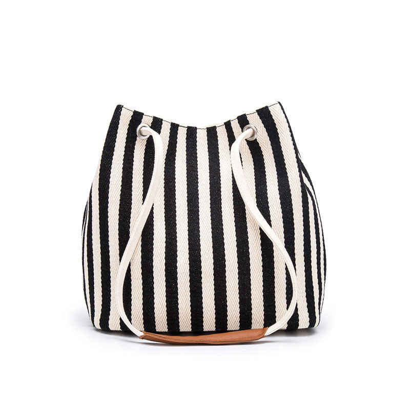 Canvas Bucket Tote Bag - Black Stripes