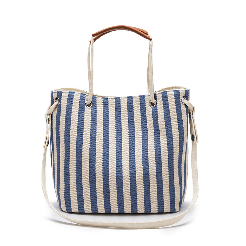 Canvas Bucket Tote Bag - Light Blue Stripes