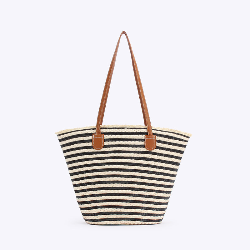 Handmade Large Beach Tote Bag - Black & White Stripes