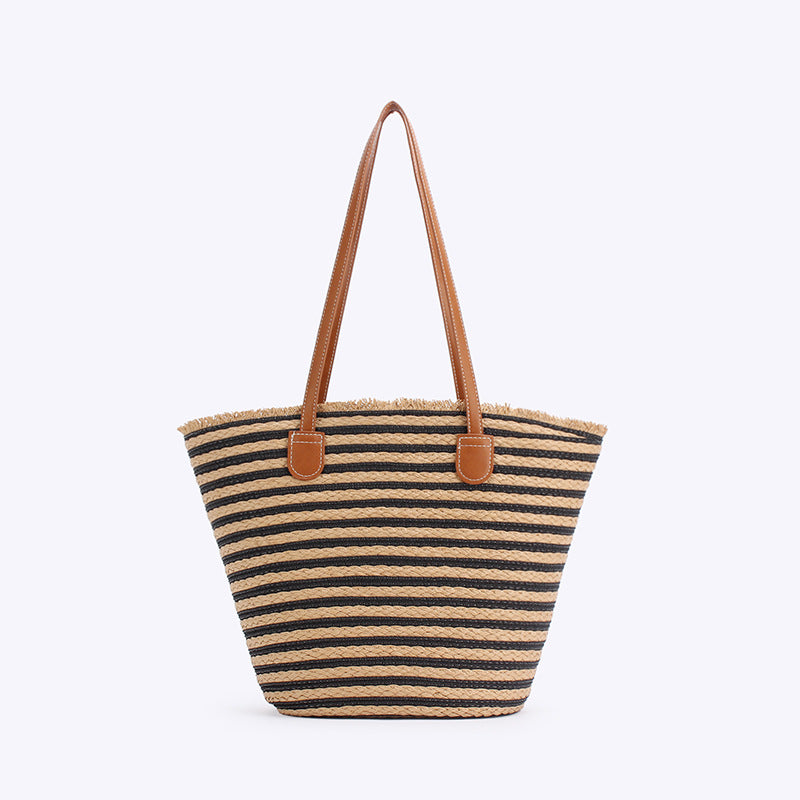 Handmade Large Beach Tote Bag - Black & Brown Stripes