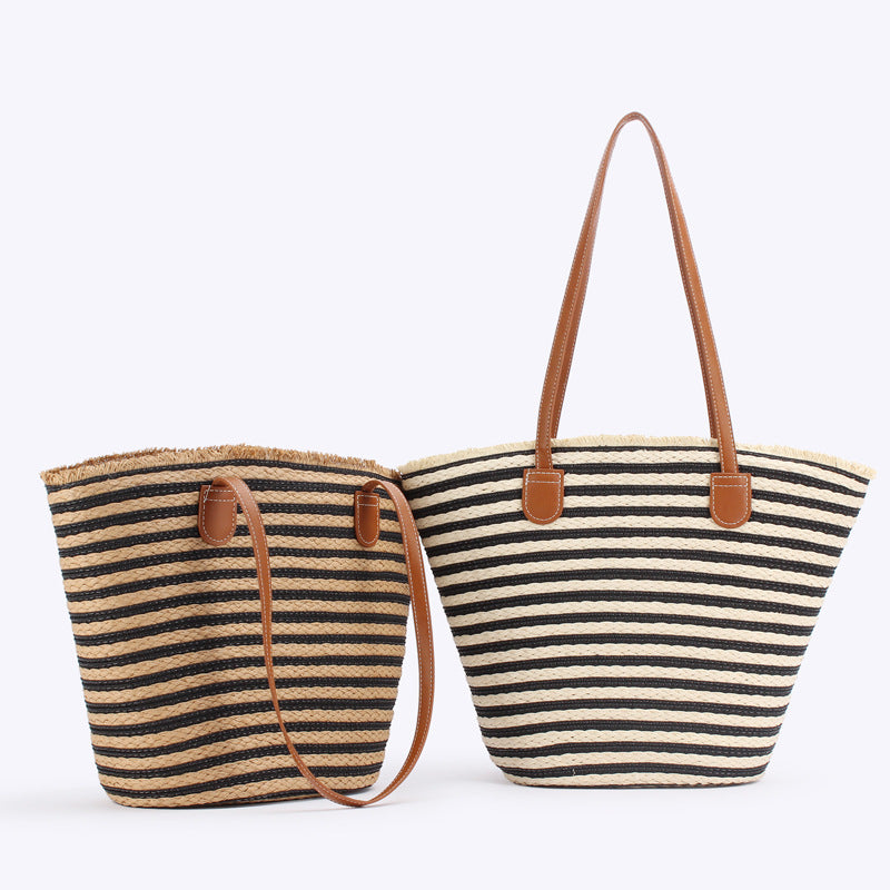 Handmade Large Beach Tote Bag - Black & Brown Stripes