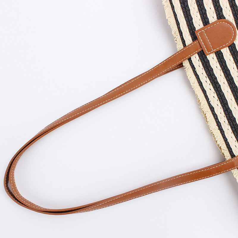 Handmade Large Beach Tote Bag - Black & Brown Stripes