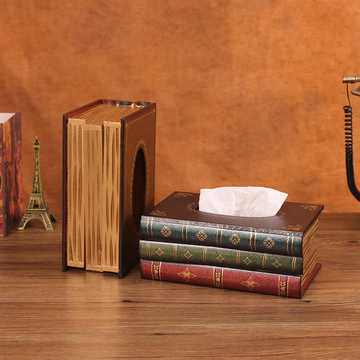 Vintage Style Wooden Book Tissue Box - Dark Red