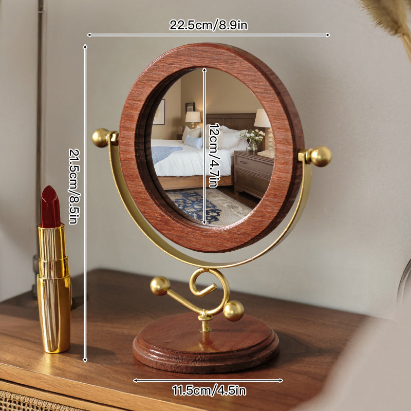Vintage Style Solid Wood 360° Rotation Makeup Mirror - Gold and Brown
