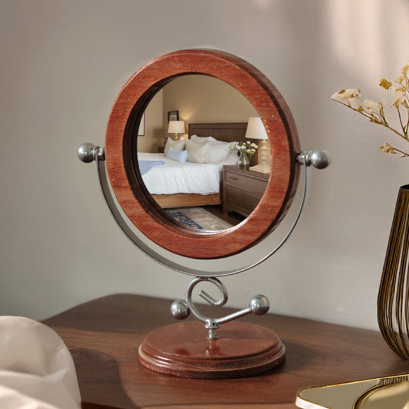 Vintage Style Solid Wood 360° Rotation Makeup Mirror - Gold and Brown