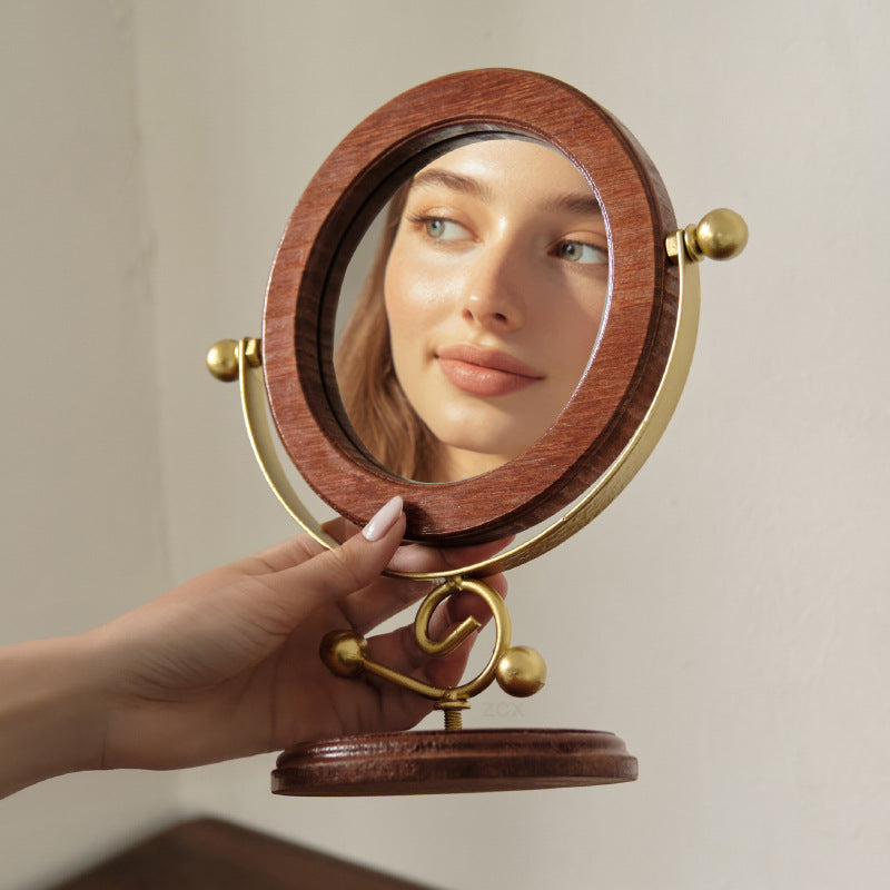 Vintage Style Solid Wood 360° Rotation Makeup Mirror - Gold and Brown