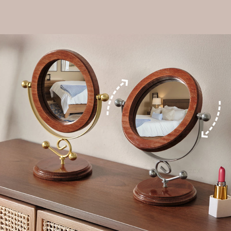 Vintage Style Solid Wood 360° Rotation Makeup Mirror - Gold and Brown