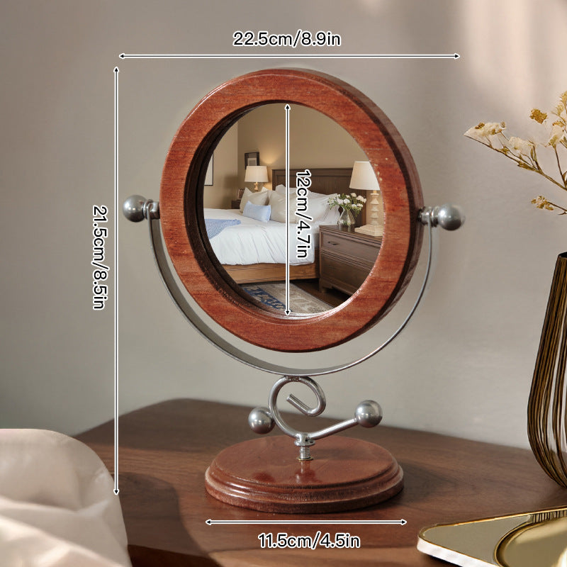 Vintage Style Solid Wood 360° Rotation Makeup Mirror - Silver & Brown