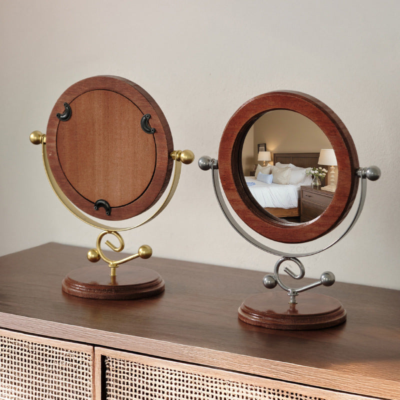 Vintage Style Solid Wood 360° Rotation Makeup Mirror - Silver & Brown