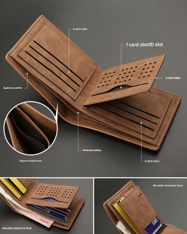 2-Piece Men's Vintage Style Bifold Wallet - Brown