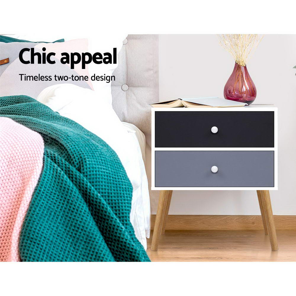 Artiss Bonds Bedside Table wh 2 Drawers - White, Black & Grey