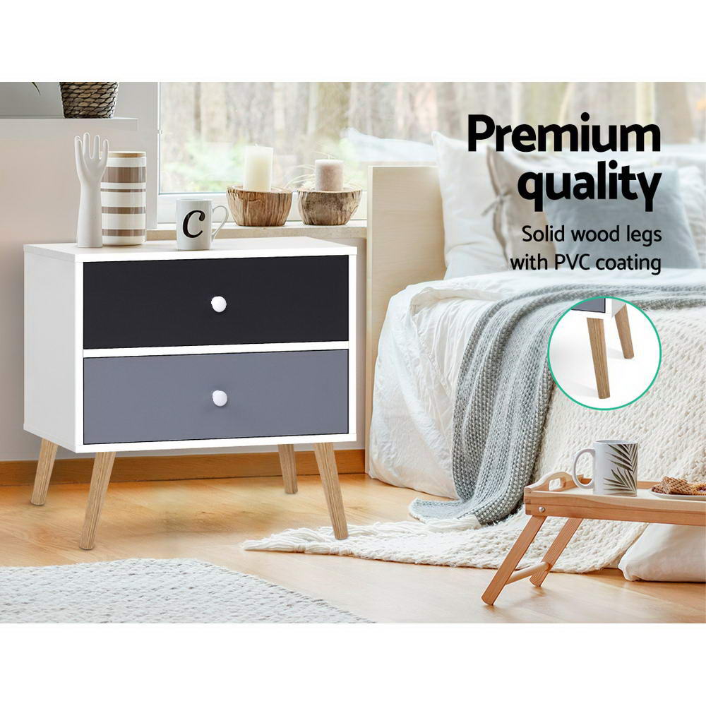 Artiss Bonds Bedside Table wh 2 Drawers - White, Black & Grey