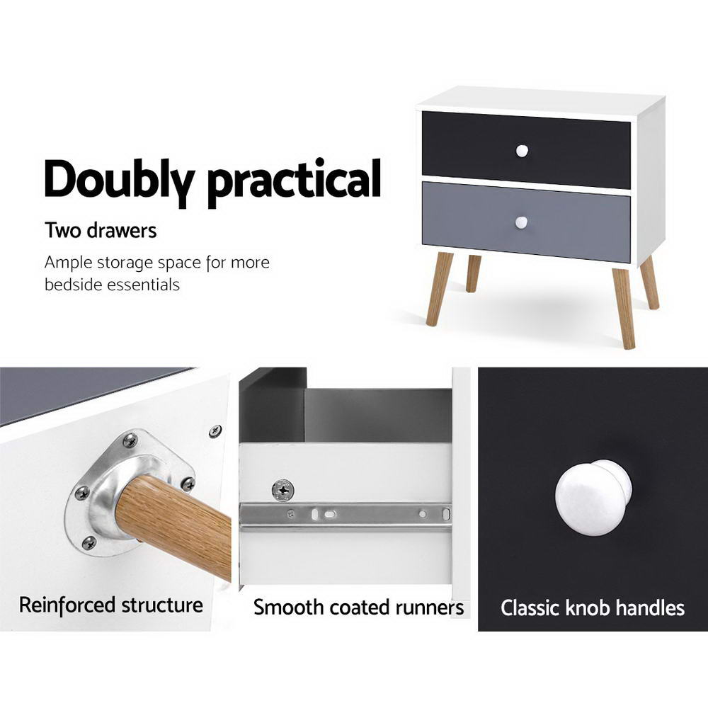 Artiss Bonds Bedside Table wh 2 Drawers - White, Black & Grey
