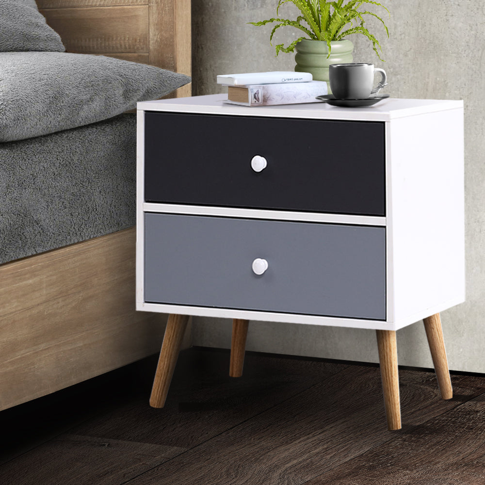 Artiss Bonds Bedside Table wh 2 Drawers - White, Black & Grey