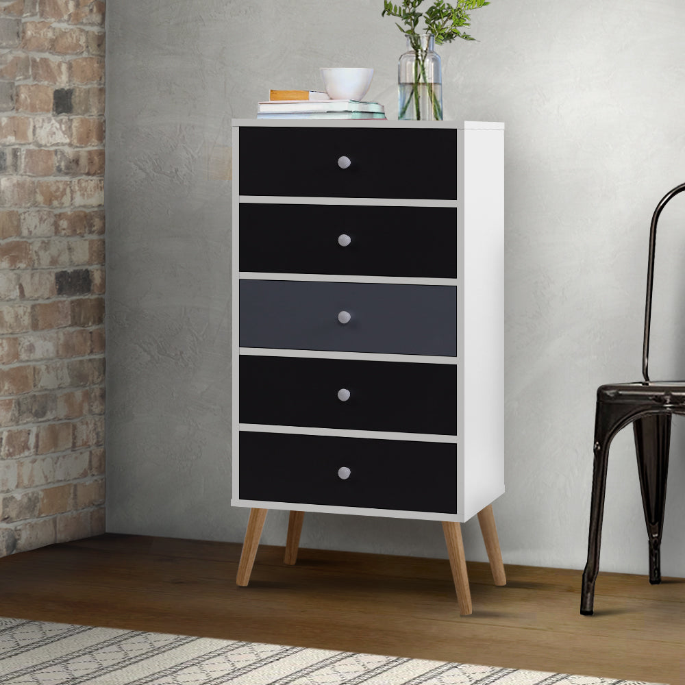 Artiss Bonds Chest of 5 Drawers - White, Black & Grey