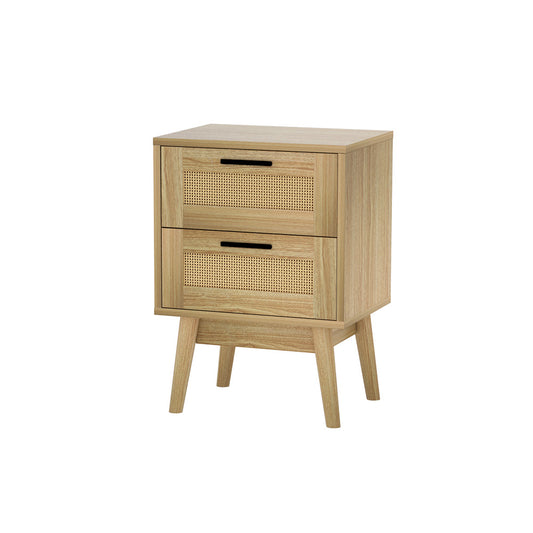 Artiss Rie Oak Bedside Table with 2 Drawers - Rattan