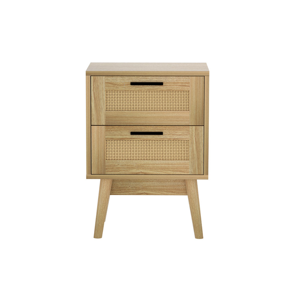 Artiss Rie Oak Bedside Table with 2 Drawers - Rattan